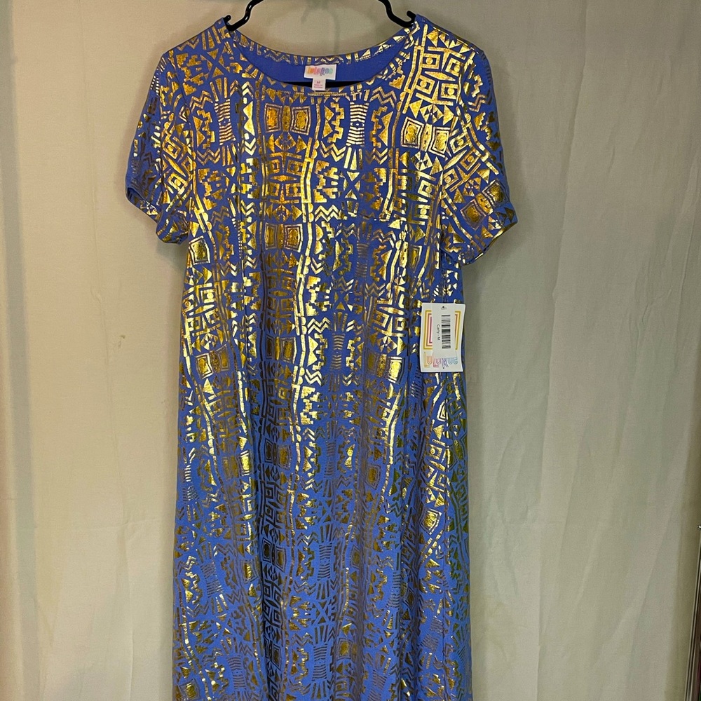 NWT Lularoe Holiday Collection Carly- blue/gold M